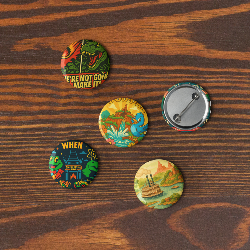Disney Extinct Rides Button Set: Retro Theme Park Pins | 5 Pack Tribute Collectibles size 1.25"