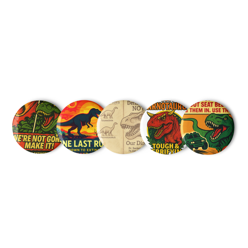 Dinosaur Ride Tribute Button Set: 5 Pack Retro Theme Park Pins | Countdown to Extinction Collectible 1.25"