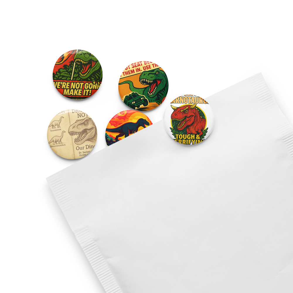 Dinosaur Ride Tribute Button Set: 5 Pack Retro Theme Park Pins | Countdown to Extinction Collectible 1.25"