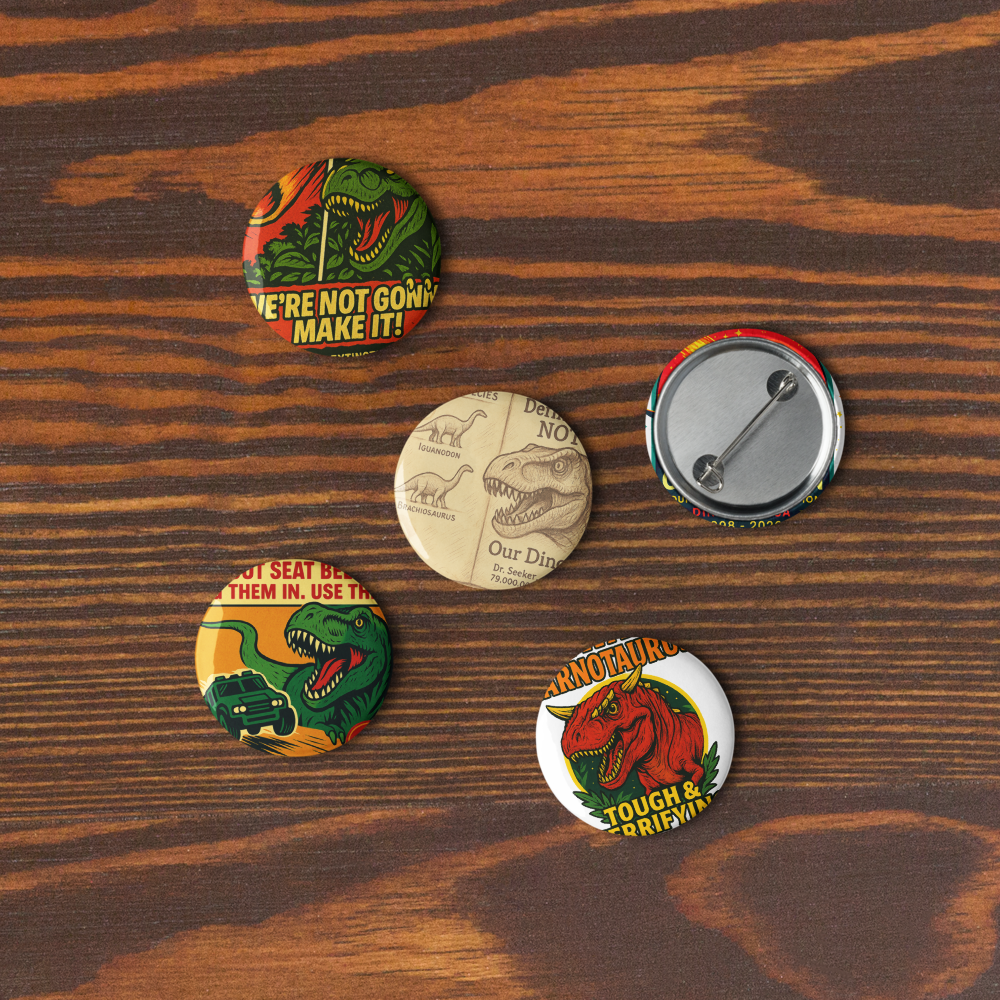 Dinosaur Ride Tribute Button Set: 5 Pack Retro Theme Park Pins | Countdown to Extinction Collectible 1.25"