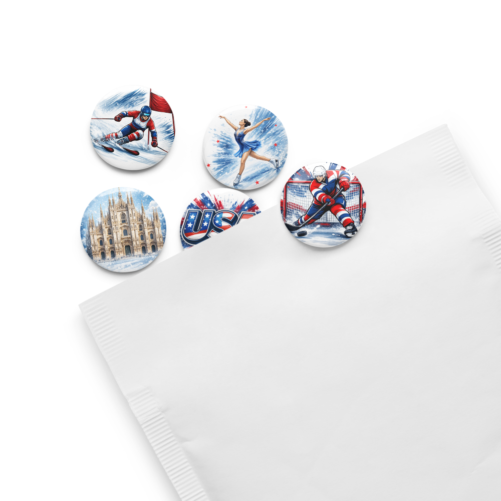 Winter Sports USA Pin Set – Hockey, Skiing, Figure Skating & Milan Landmark