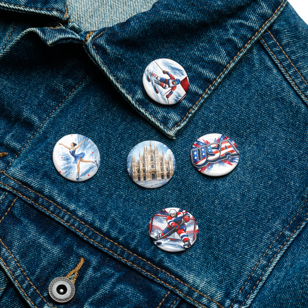 Winter Sports USA Pin Set – Hockey, Skiing, Figure Skating & Milan Landmark