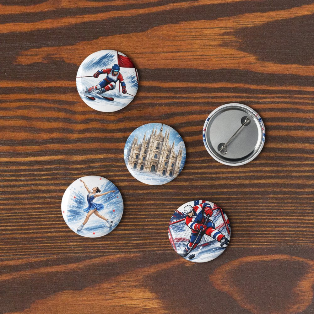Winter Sports USA Pin Set – Hockey, Skiing, Figure Skating & Milan Landmark