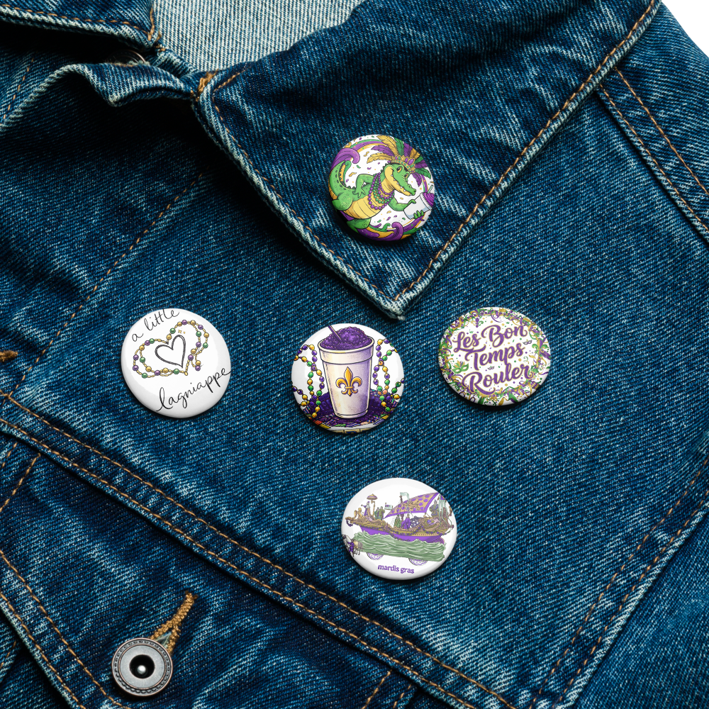 Mardi Gras Button Pins Set – New Orleans Carnival Purple Green Gold Pin Badges