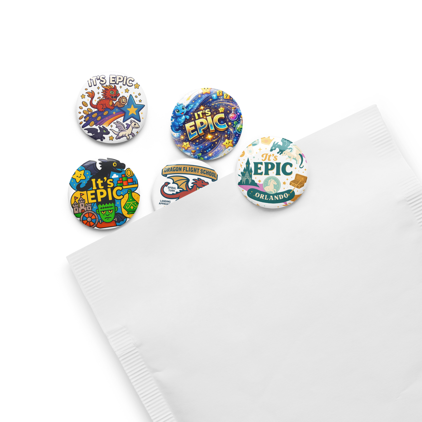 Epic Universe Pin Set – Dragon Fantasy Theme Park Button Collection (5-Pack) in 1.25" or 2.25"