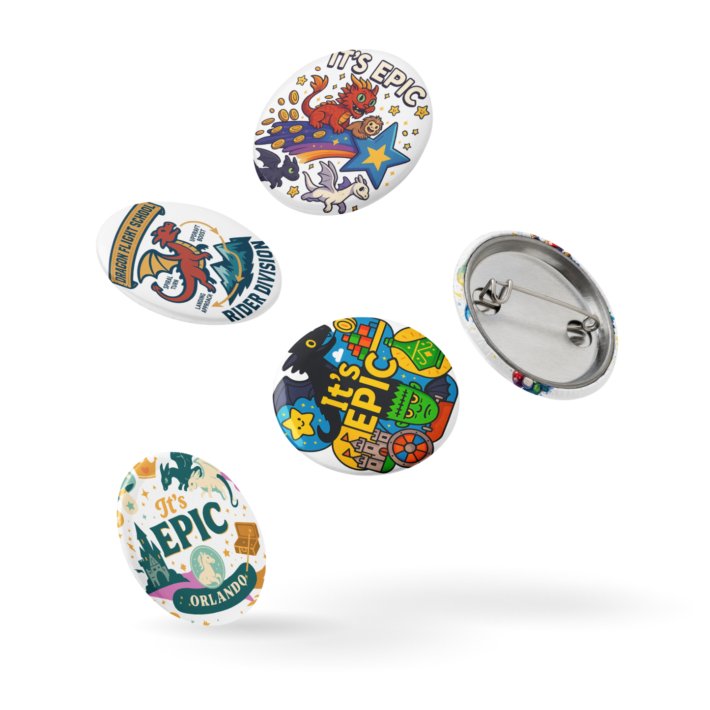 Epic Universe Pin Set – Dragon Fantasy Theme Park Button Collection (5-Pack) in 1.25" or 2.25"
