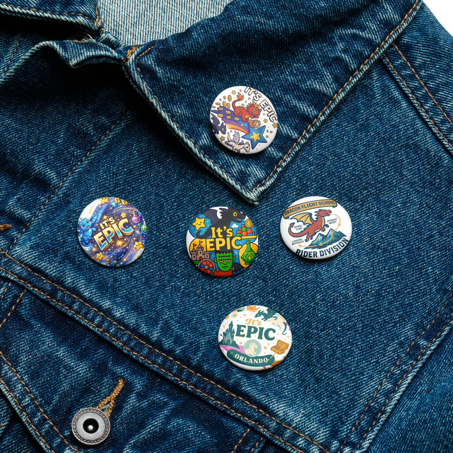 Epic Universe Pin Set – Dragon Fantasy Theme Park Button Collection (5-Pack) in 1.25" or 2.25"