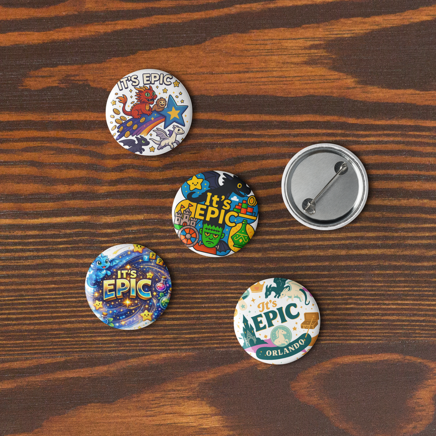 Epic Universe Pin Set – Dragon Fantasy Theme Park Button Collection (5-Pack) in 1.25" or 2.25"