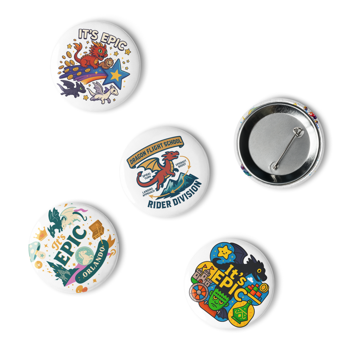 Epic Universe Pin Set – Dragon Fantasy Theme Park Button Collection (5-Pack) in 1.25" or 2.25"