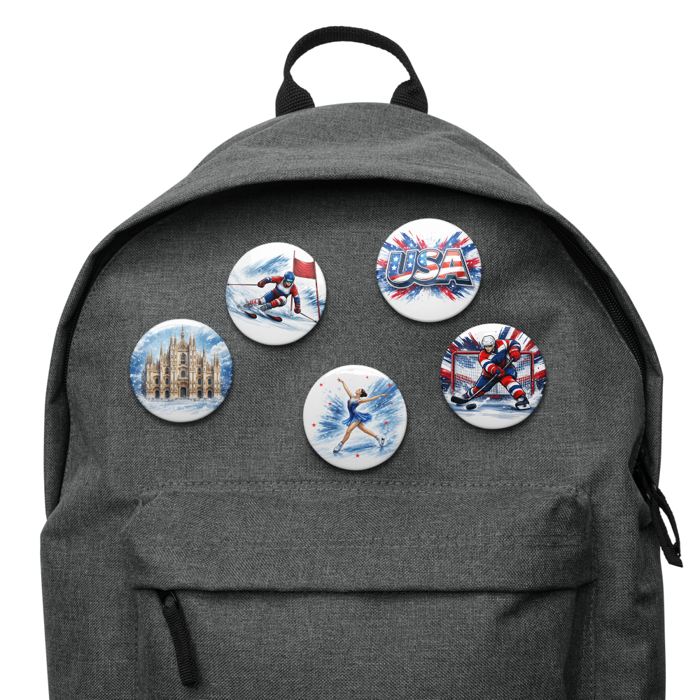Winter Sports USA Pin Set – Hockey, Skiing, Figure Skating & Milan Landmark