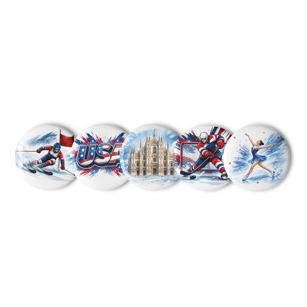 Winter Sports USA Pin Set – Hockey, Skiing, Figure Skating & Milan Landmark