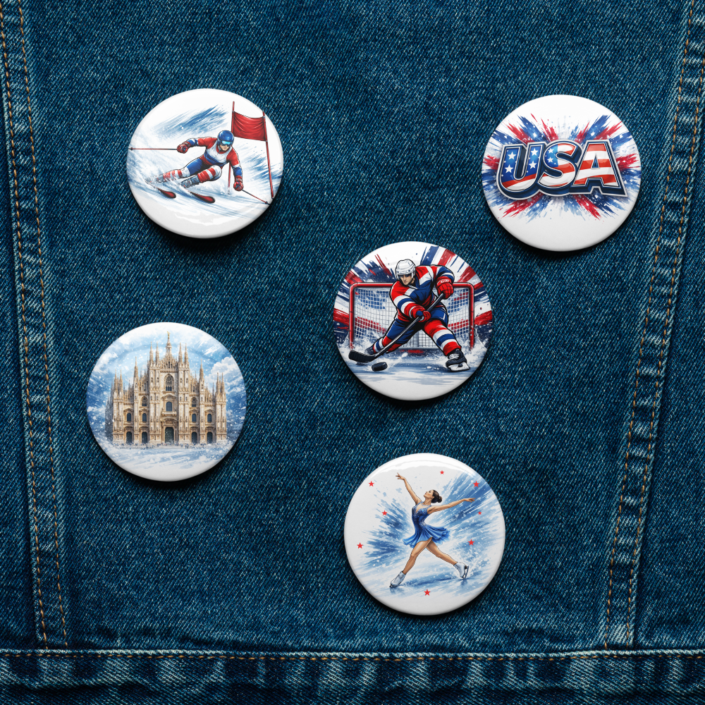 Winter Sports USA Pin Set – Hockey, Skiing, Figure Skating & Milan Landmark