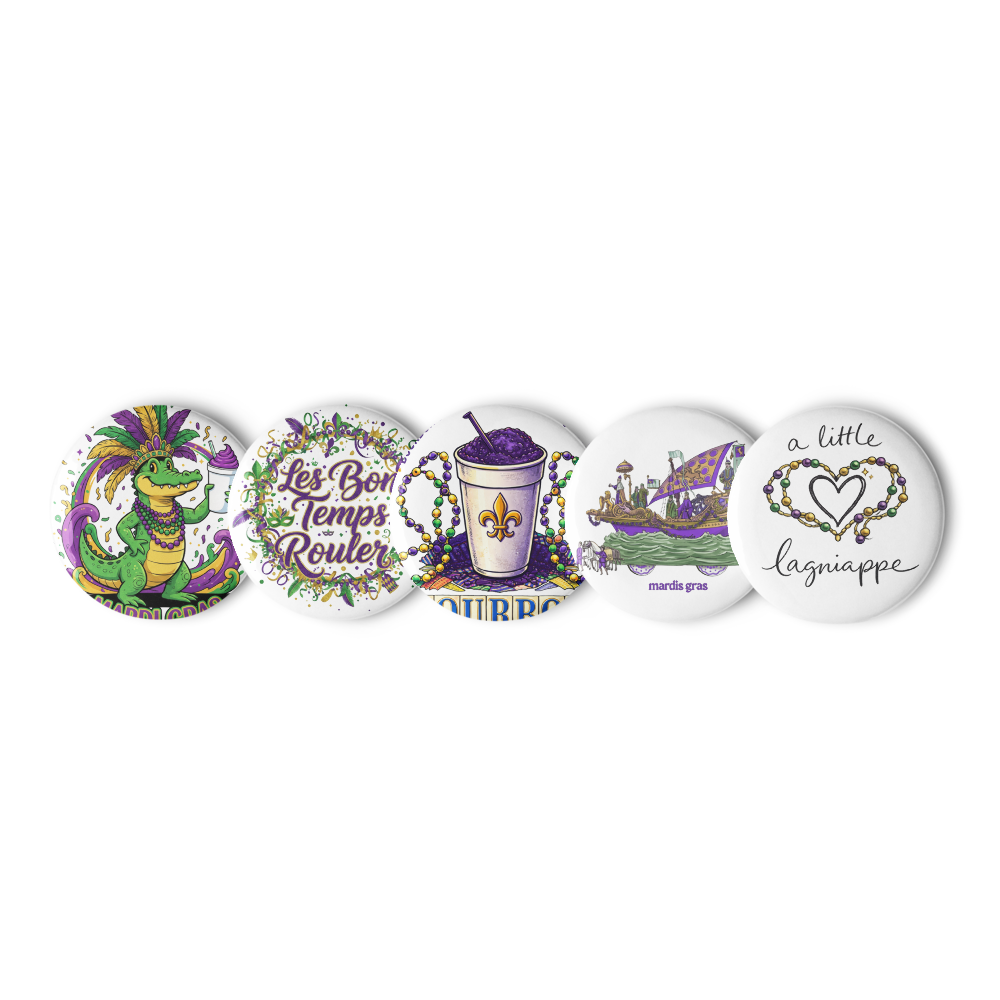 Mardi Gras Button Pins Set – New Orleans Carnival Purple Green Gold Pin Badges