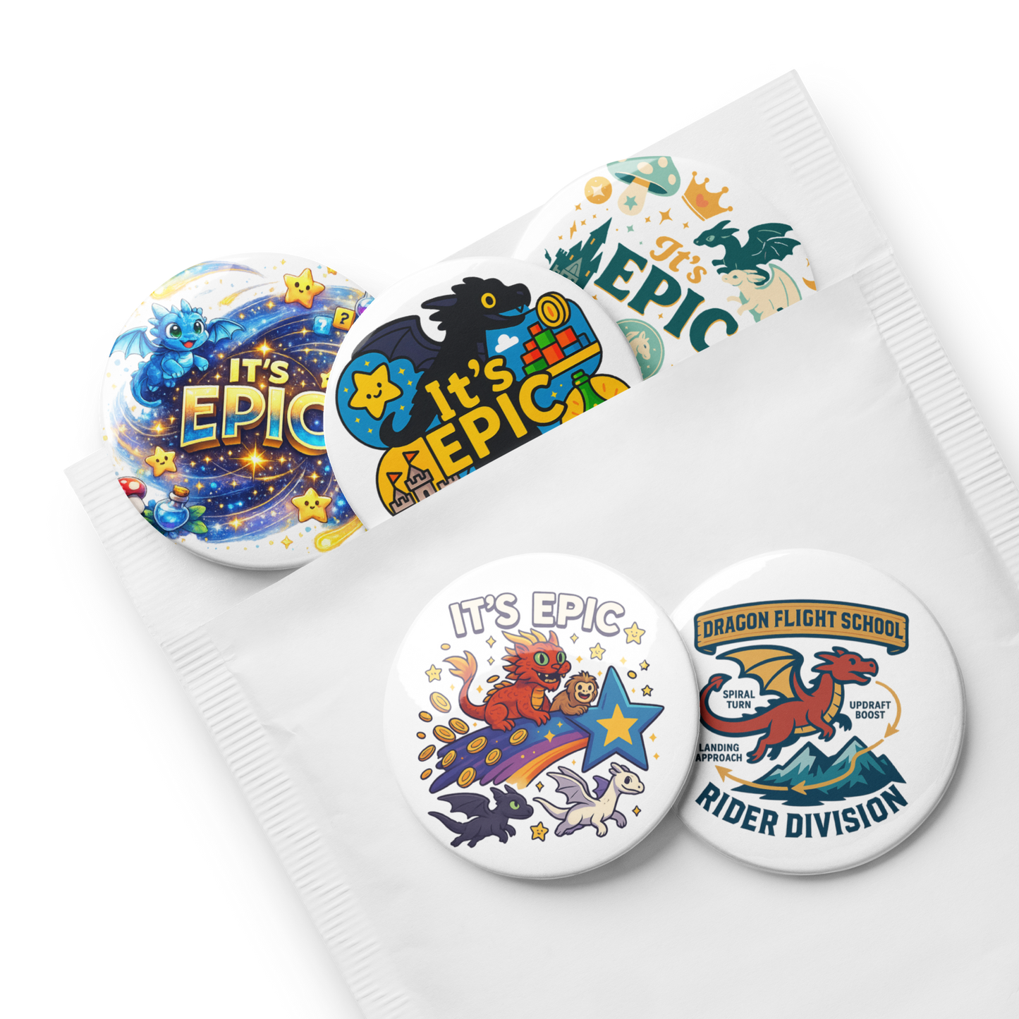 Epic Universe Pin Set – Dragon Fantasy Theme Park Button Collection (5-Pack) in 1.25" or 2.25"