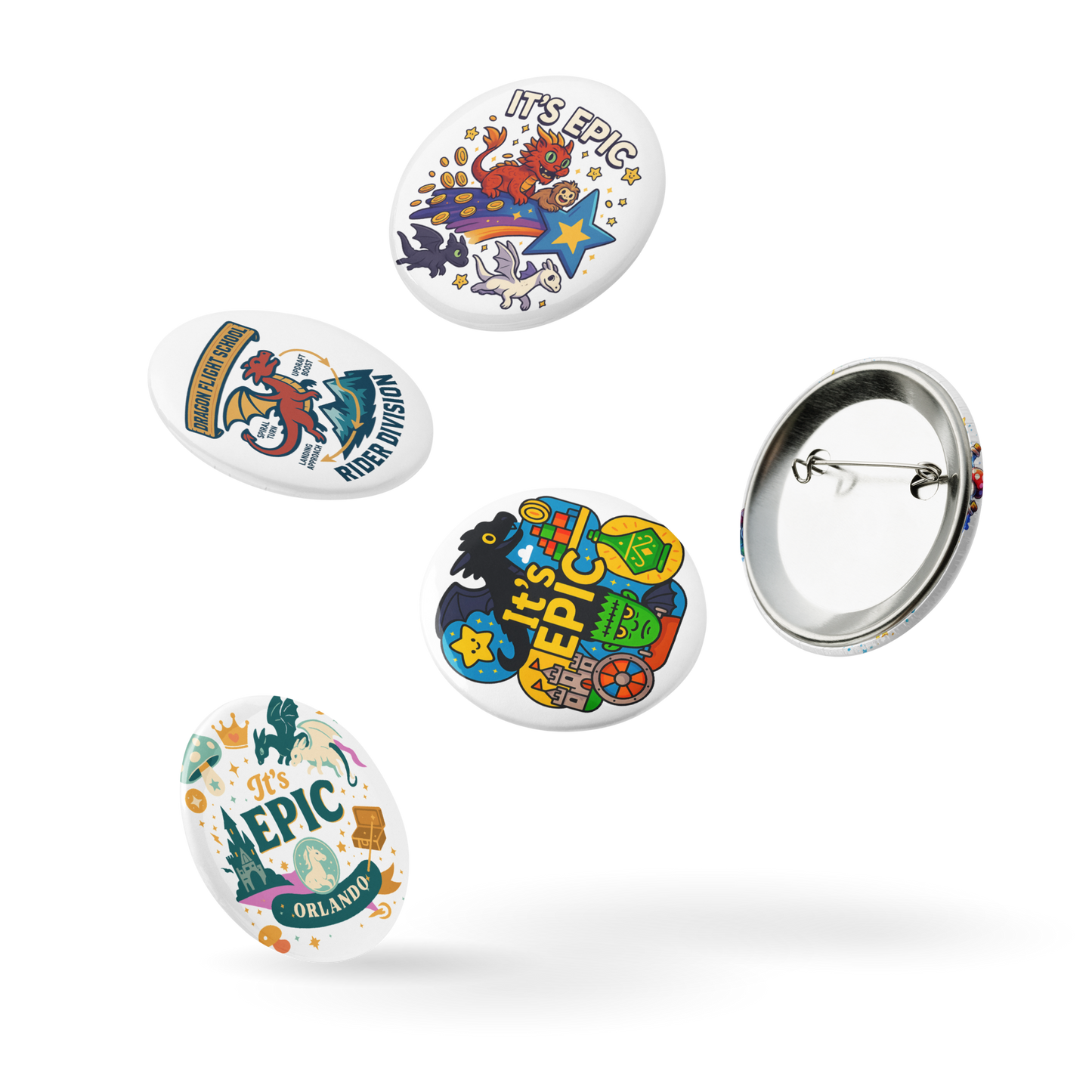 Epic Universe Pin Set – Dragon Fantasy Theme Park Button Collection (5-Pack) in 1.25" or 2.25"
