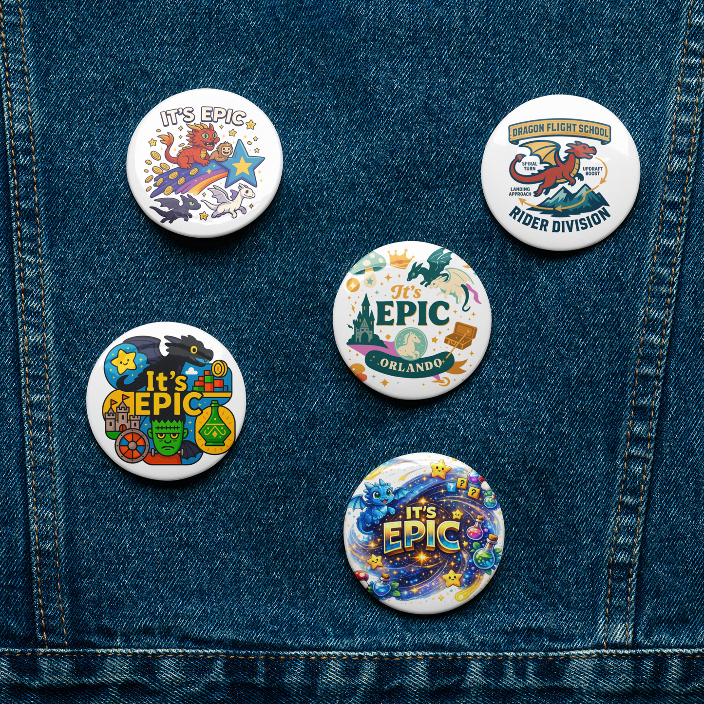 Epic Universe Pin Set – Dragon Fantasy Theme Park Button Collection (5-Pack) in 1.25" or 2.25"