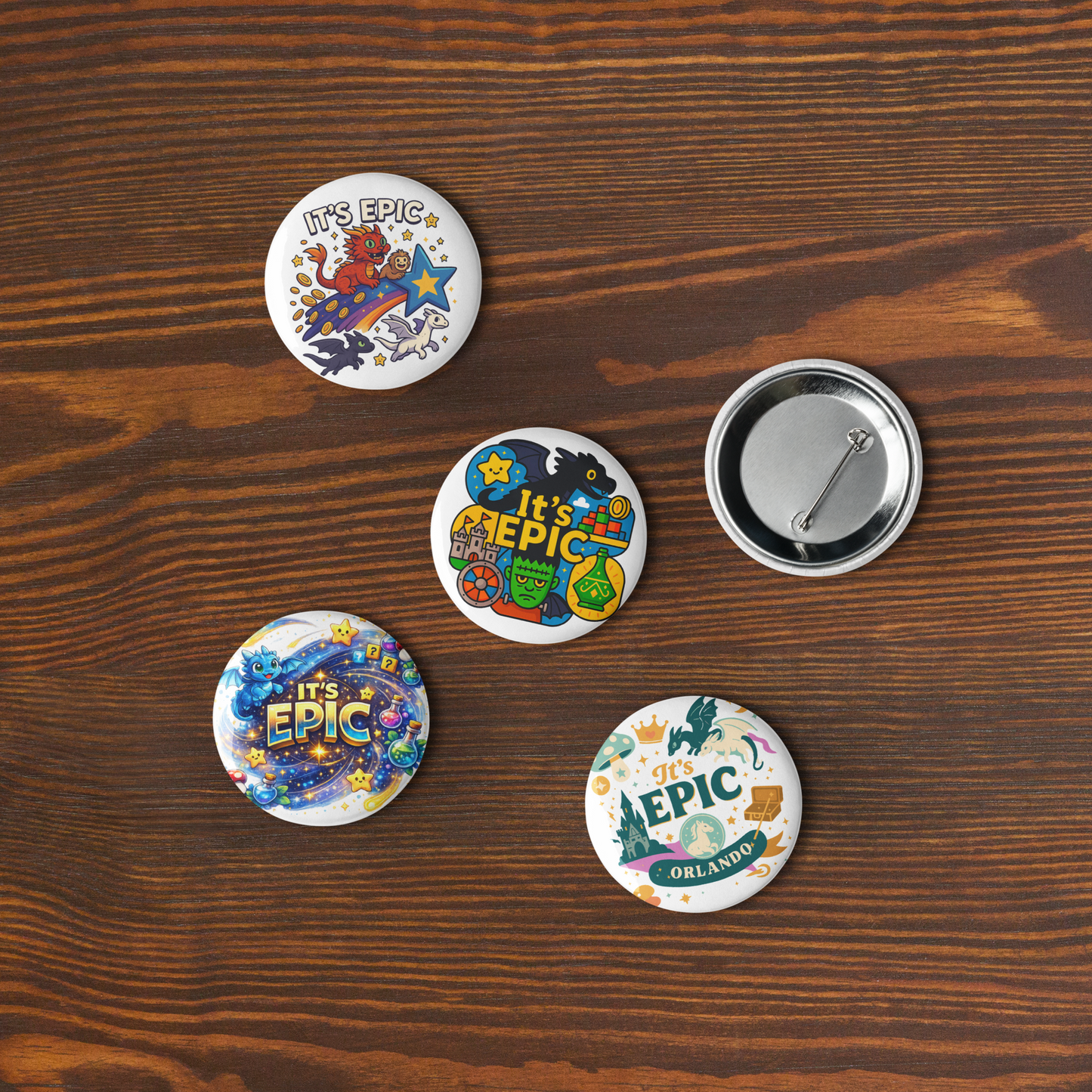 Epic Universe Pin Set – Dragon Fantasy Theme Park Button Collection (5-Pack) in 1.25" or 2.25"