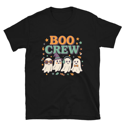 Black graphic t-shirt with words Boo Crew and four ghosts in costume.