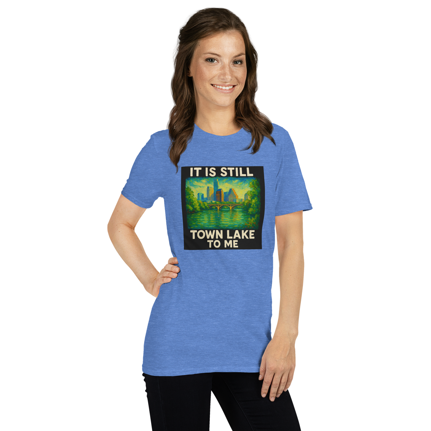 “It Is Still Town Lake To Me” Austin Graphic Tee – Gildan Heather Blue & White