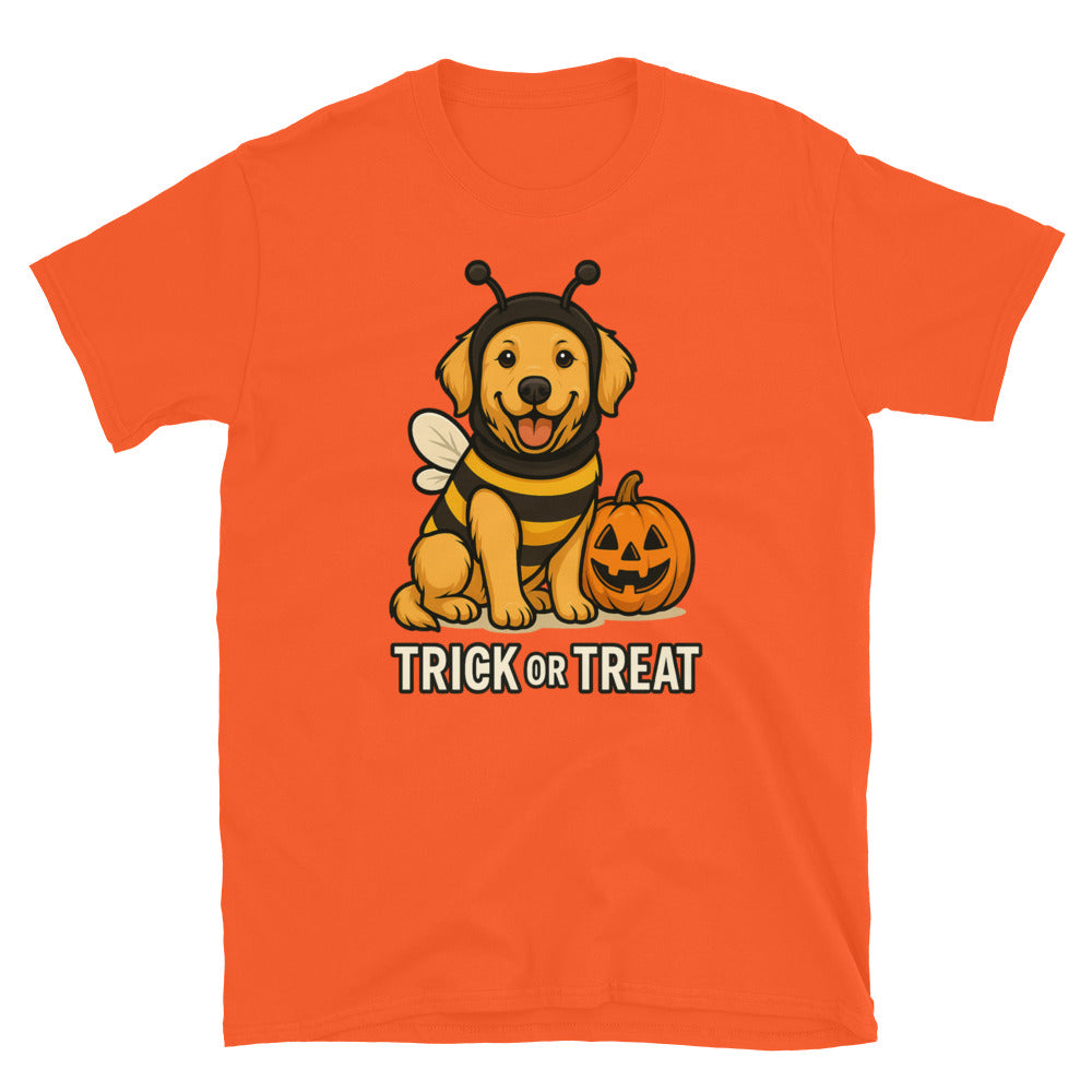 Orange t-shirt with a Golden Retriever in a Bee costume dog graphic and 'Trick or Treat' text on a white background.
