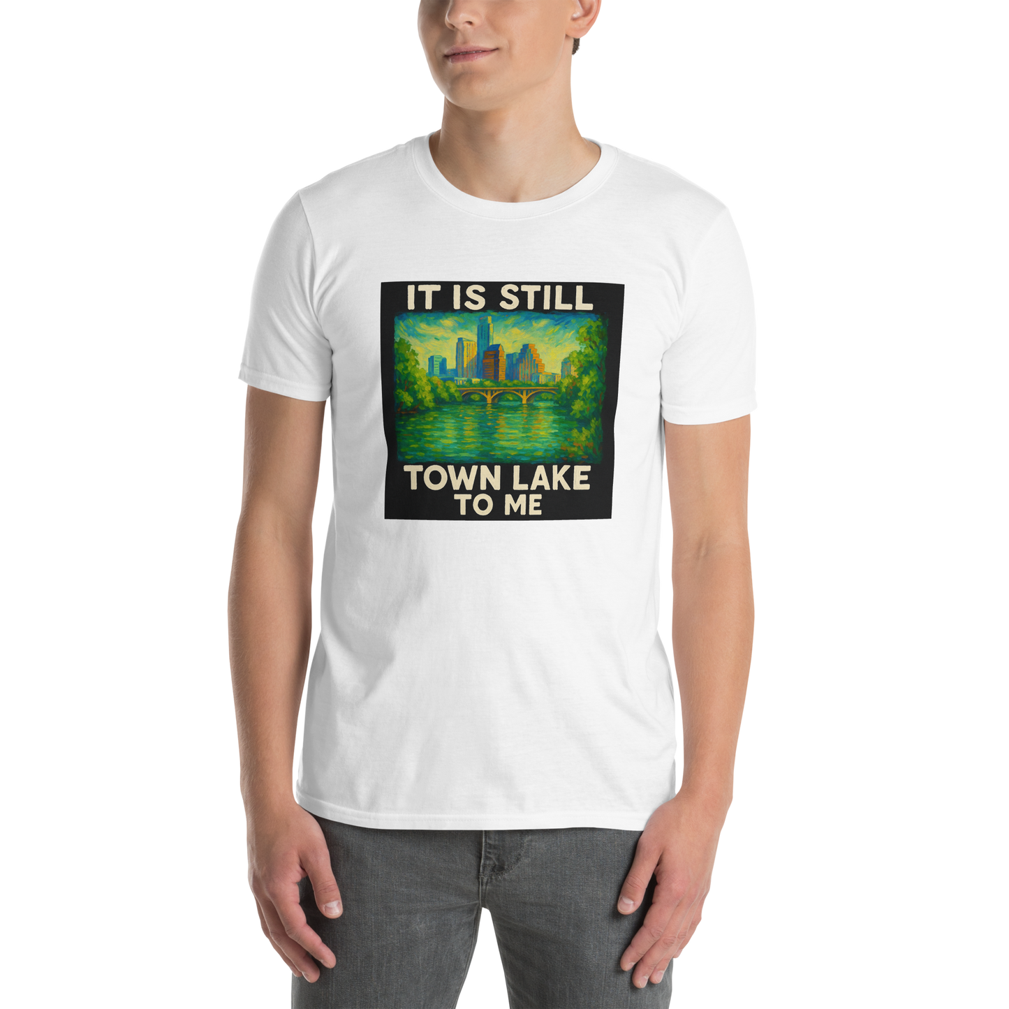 “It Is Still Town Lake To Me” Austin Graphic Tee – Gildan Heather Blue & White
