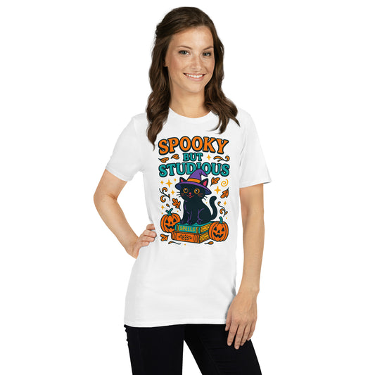 Lady wearing a white graphic t-shirt that says spooky but studious with black cat and books.