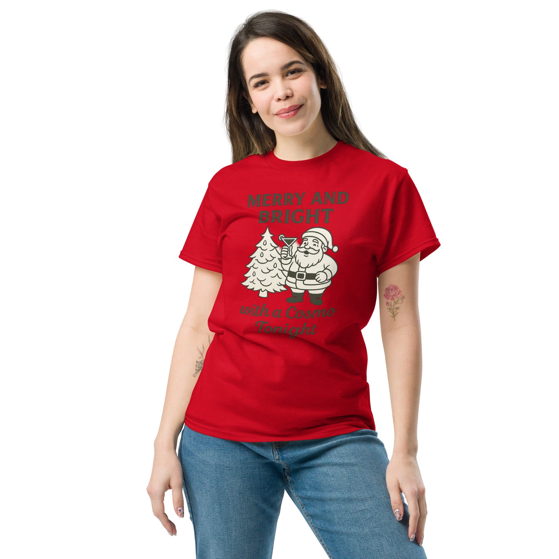 Woman wearing a red t-shirt featuring Santa with a Cosmo against a white background
