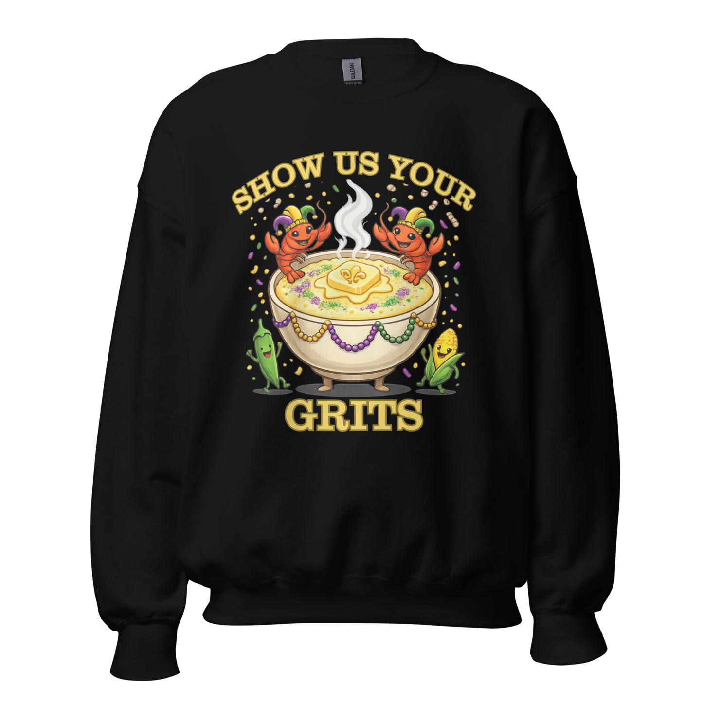 Show Us Your Grits Sweatshirt – Mardi Gras Unisex Crewneck | Gildan 18000 Carnival Sweatshirt