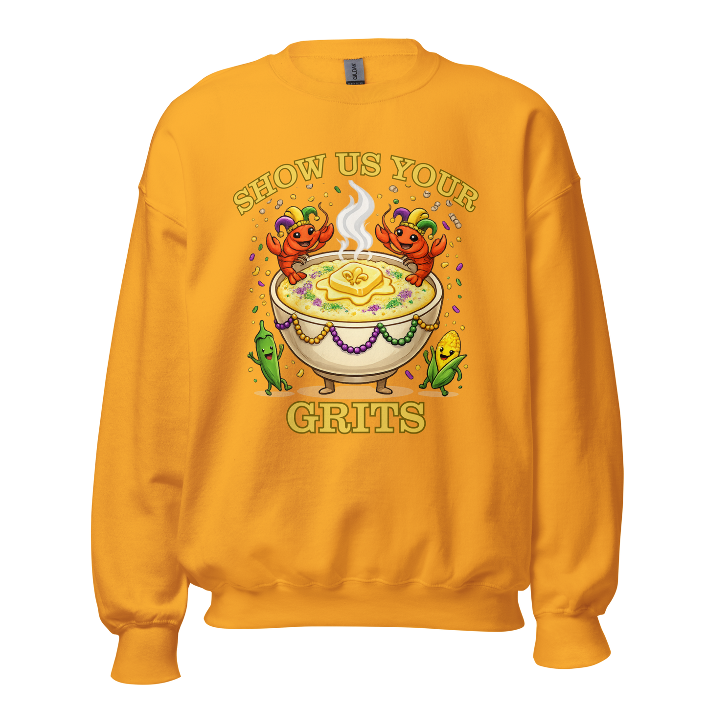 Show Us Your Grits Sweatshirt – Mardi Gras Unisex Crewneck | Gildan 18000 Carnival Sweatshirt