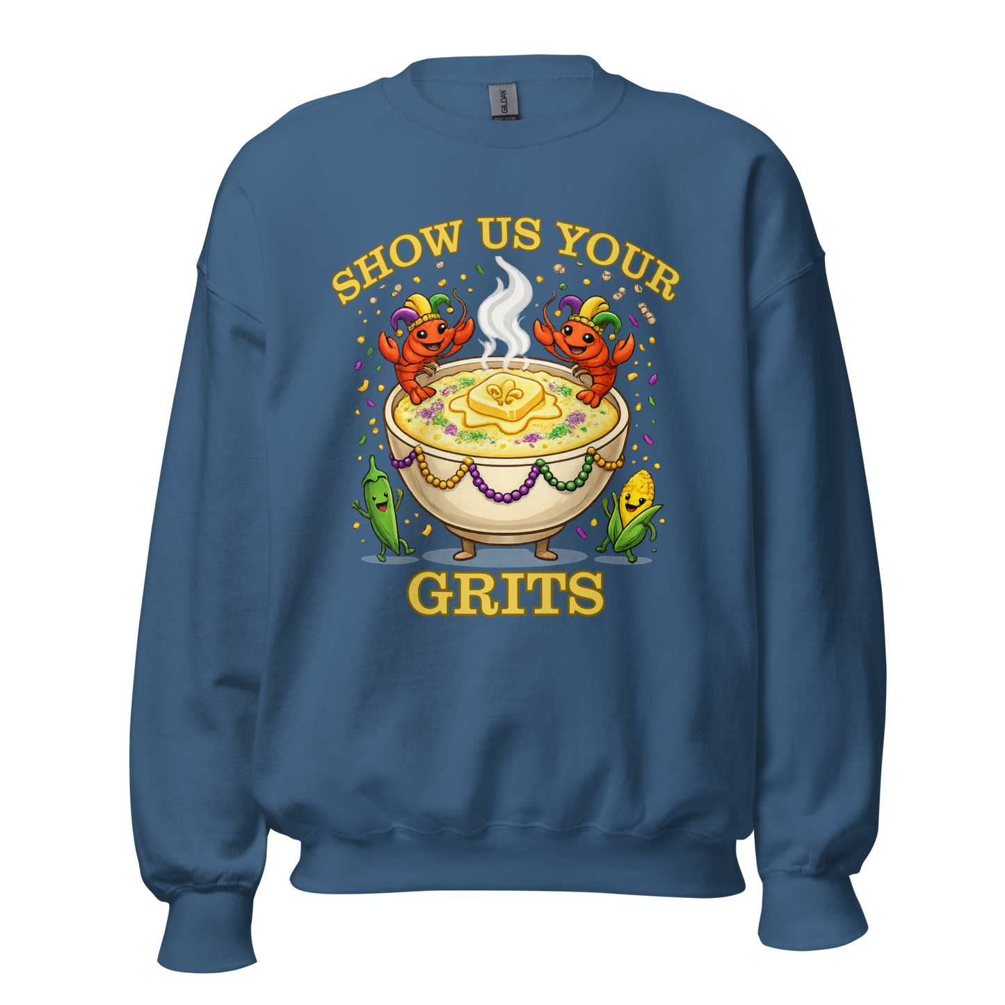 Show Us Your Grits Sweatshirt – Mardi Gras Unisex Crewneck | Gildan 18000 Carnival Sweatshirt