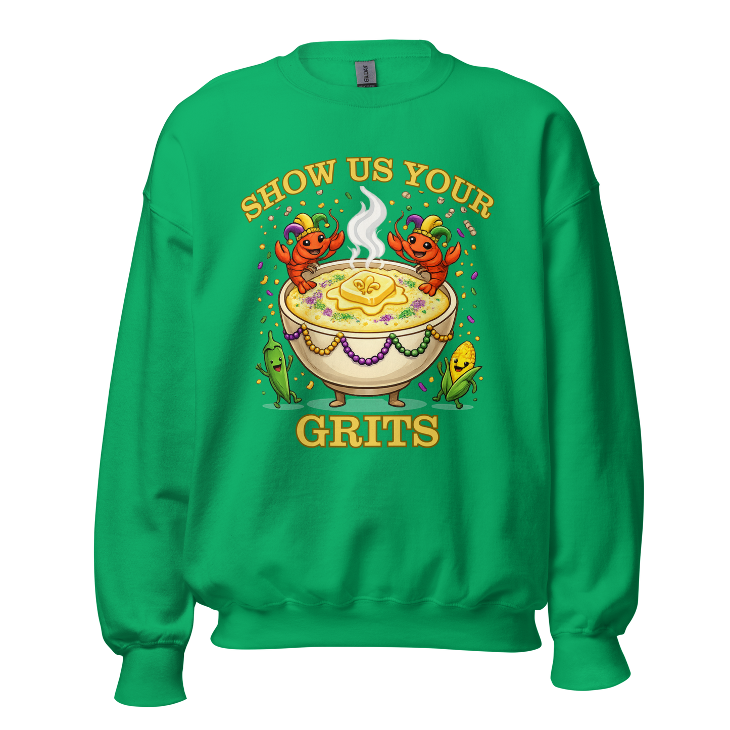Show Us Your Grits Sweatshirt – Mardi Gras Unisex Crewneck | Gildan 18000 Carnival Sweatshirt