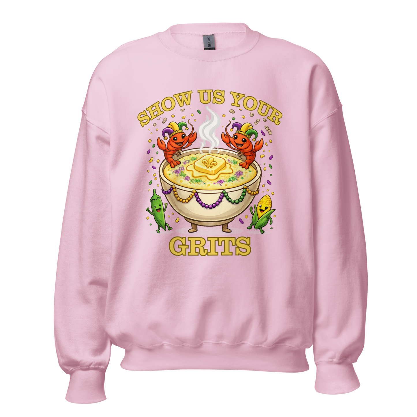 Show Us Your Grits Sweatshirt – Mardi Gras Unisex Crewneck | Gildan 18000 Carnival Sweatshirt