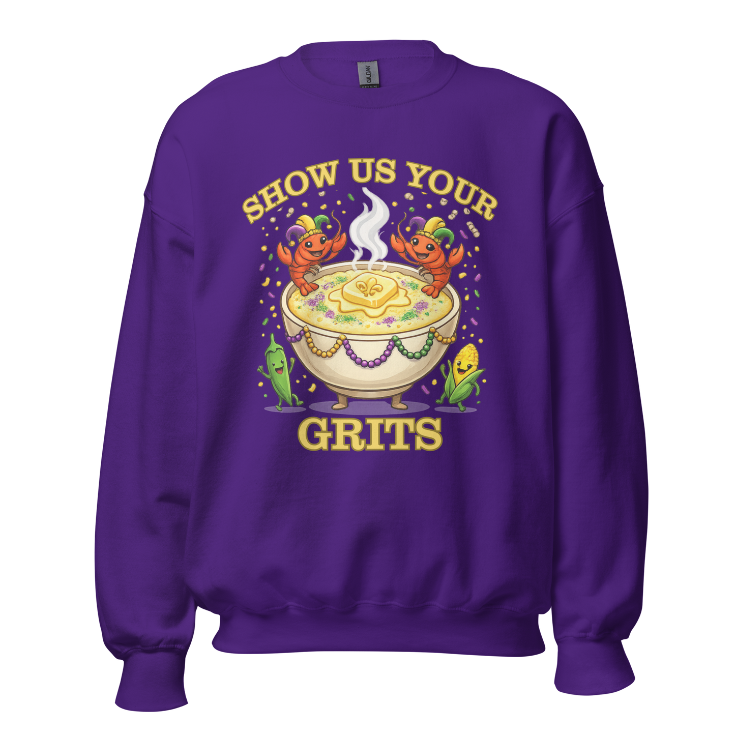 Show Us Your Grits Sweatshirt – Mardi Gras Unisex Crewneck | Gildan 18000 Carnival Sweatshirt