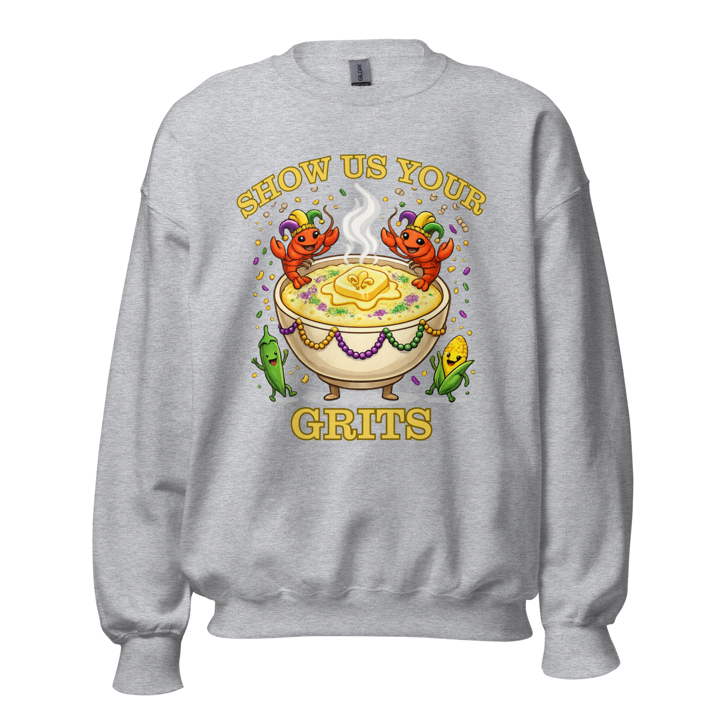 Show Us Your Grits Sweatshirt – Mardi Gras Unisex Crewneck | Gildan 18000 Carnival Sweatshirt