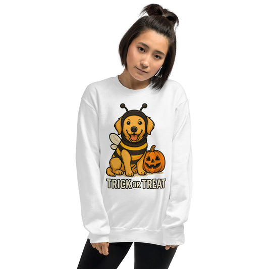 oung woman wearing white Gildan 18000 sweatshirt with cute golden retriever in bee costume and pumpkin, Trick or Treat Halloween design, cozy fall unisex crewneck