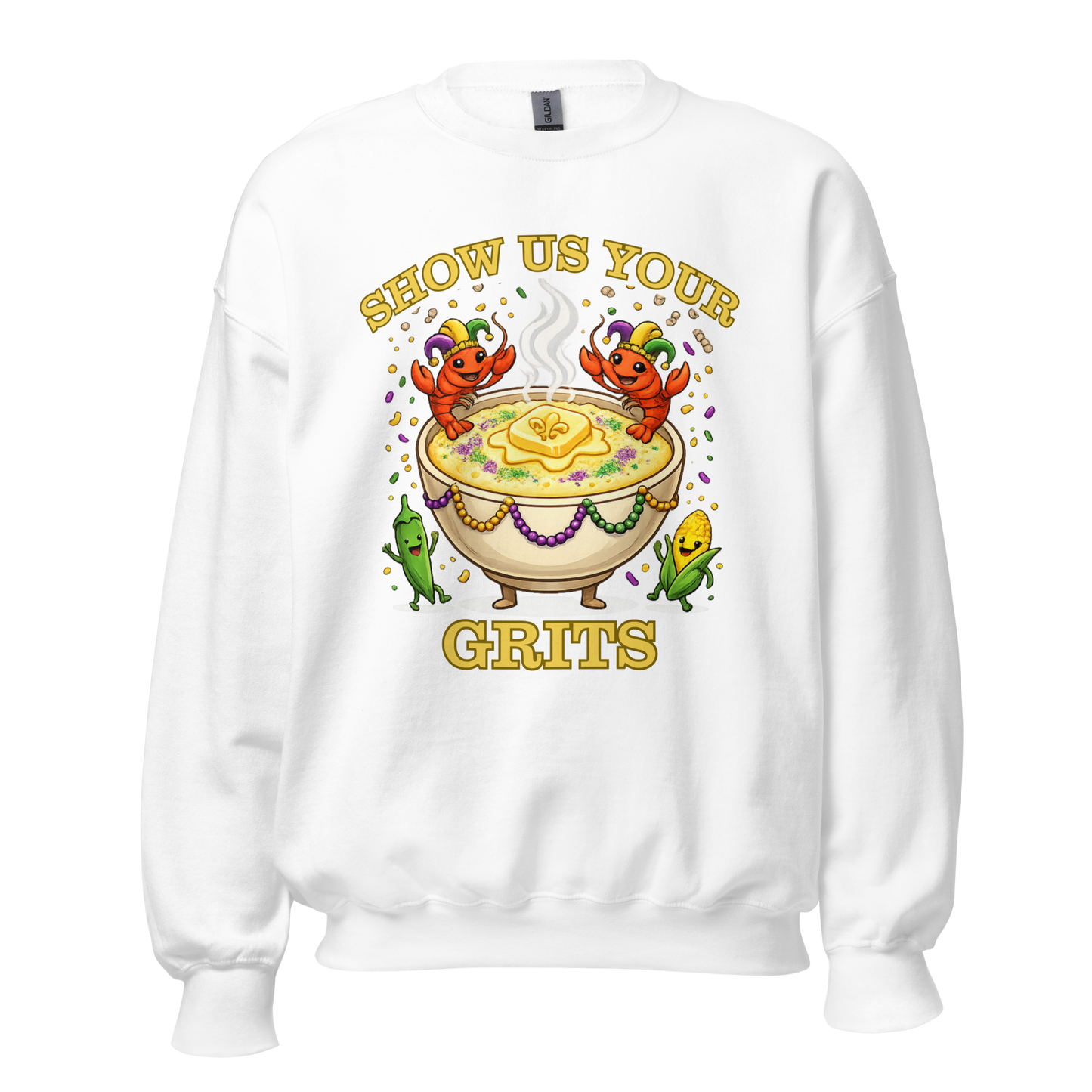 Show Us Your Grits Sweatshirt – Mardi Gras Unisex Crewneck | Gildan 18000 Carnival Sweatshirt