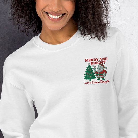 White sweatshirt with embroidery Santa with a Cosmo cocktail.