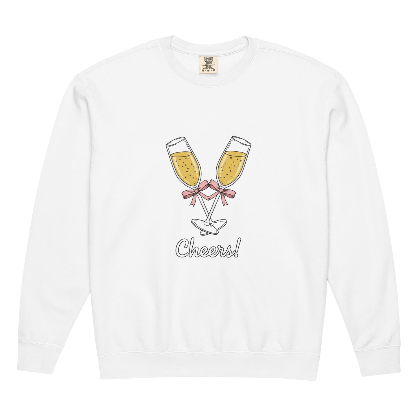 White long-sleeve shirt with champagne glass design and 'Cheers!' text on a white background