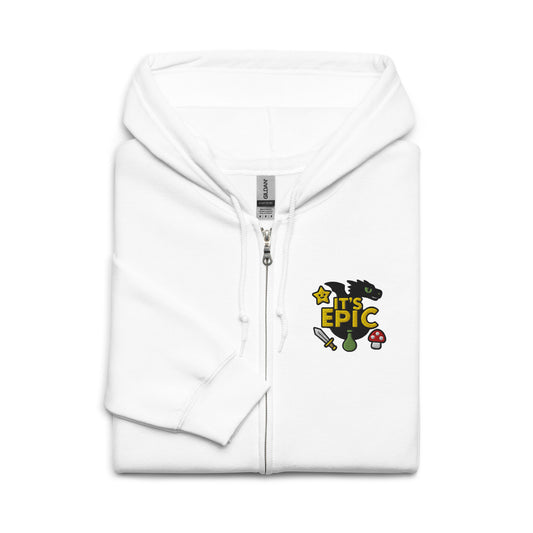 Folded white Gildan 18600 zip hoodie with embroidered “It’s EPIC” design featuring a dragon silhouette, star, sword, potion, and mushroom.