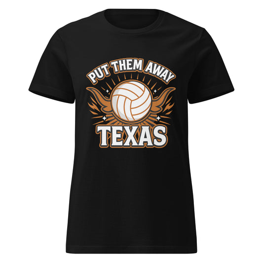 Black t-shirt with volleyball graphic and text 'Put Them Away Texas' on a white background