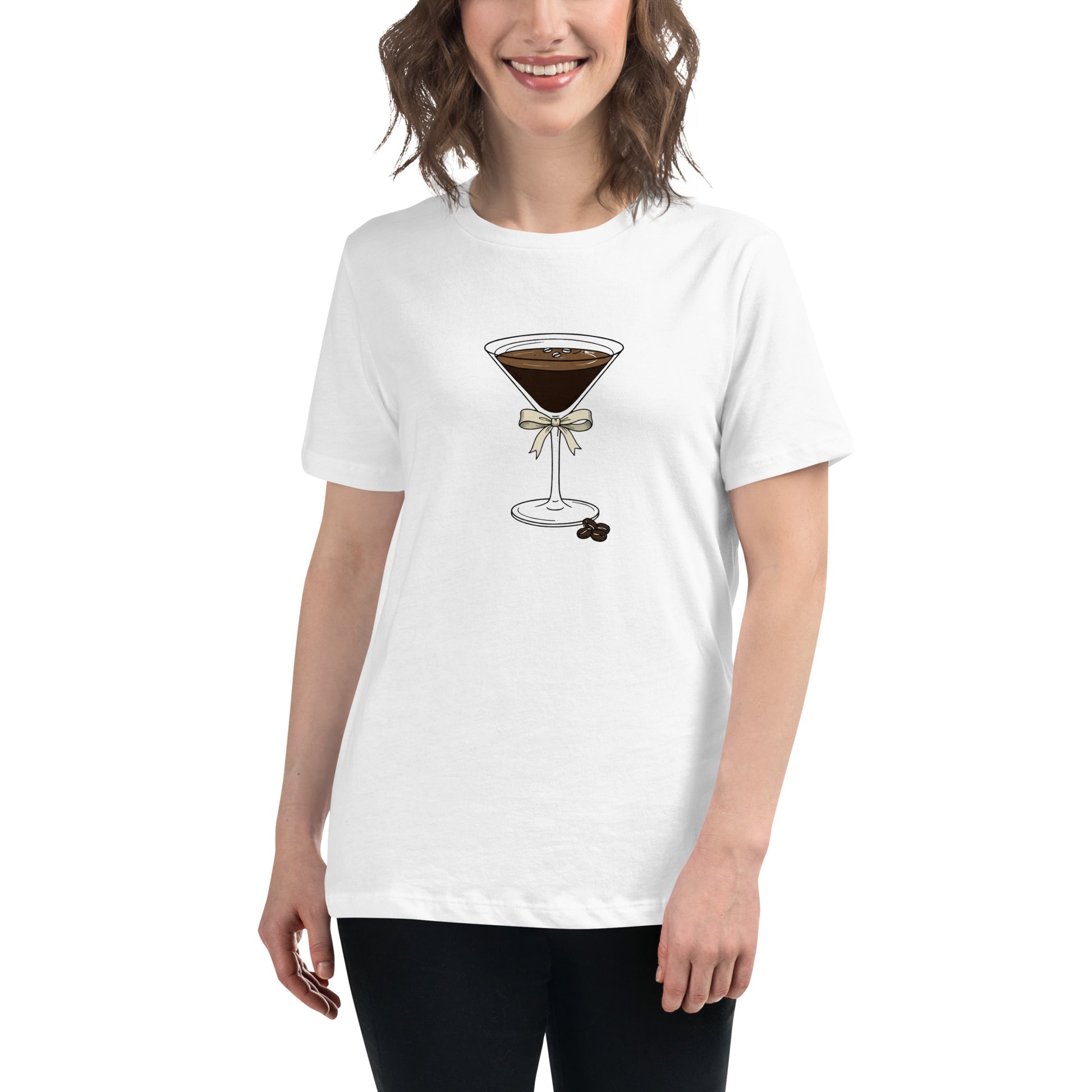 woman in white short sleeve t-shirt with a Espresso Martini on it in front of white background. 