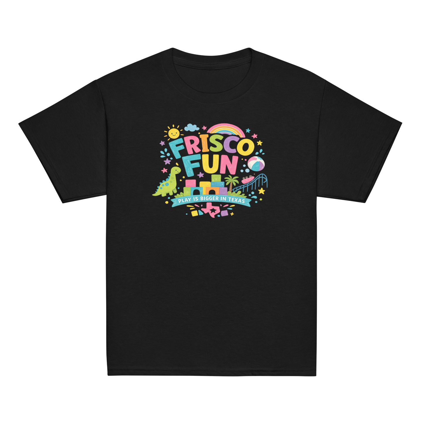 Frisco Fun Youth T-Shirt | Play Is Bigger in Texas | Dinosaur Adventure Shirt | Kids Vacation Tee | Texas Theme Park Inspired Youth Graphic Tee