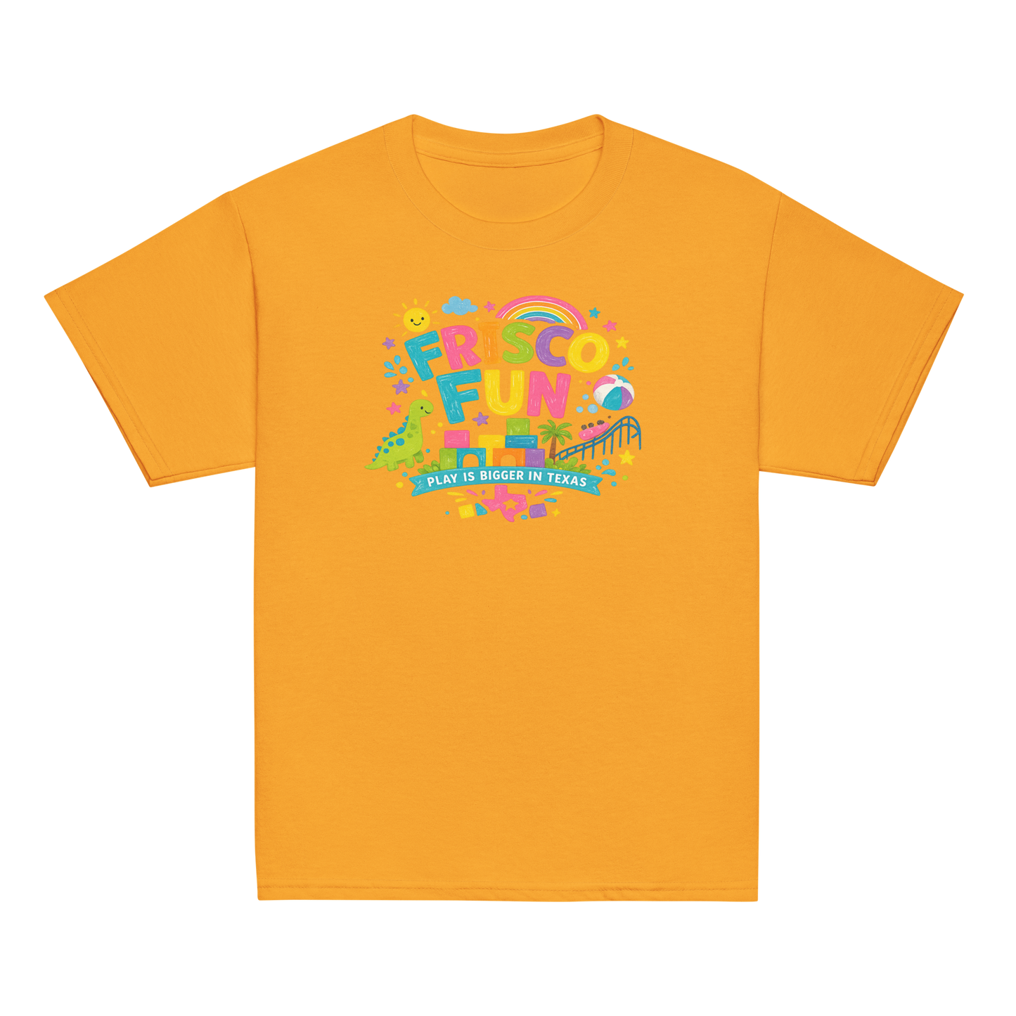 Frisco Fun Youth T-Shirt | Play Is Bigger in Texas | Dinosaur Adventure Shirt | Kids Vacation Tee | Texas Theme Park Inspired Youth Graphic Tee