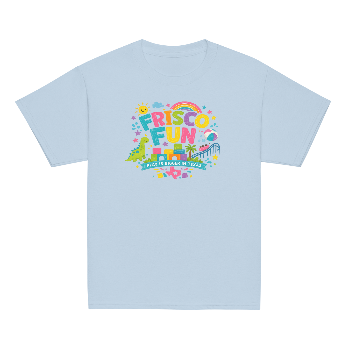 Frisco Fun Youth T-Shirt | Play Is Bigger in Texas | Dinosaur Adventure Shirt | Kids Vacation Tee | Texas Theme Park Inspired Youth Graphic Tee