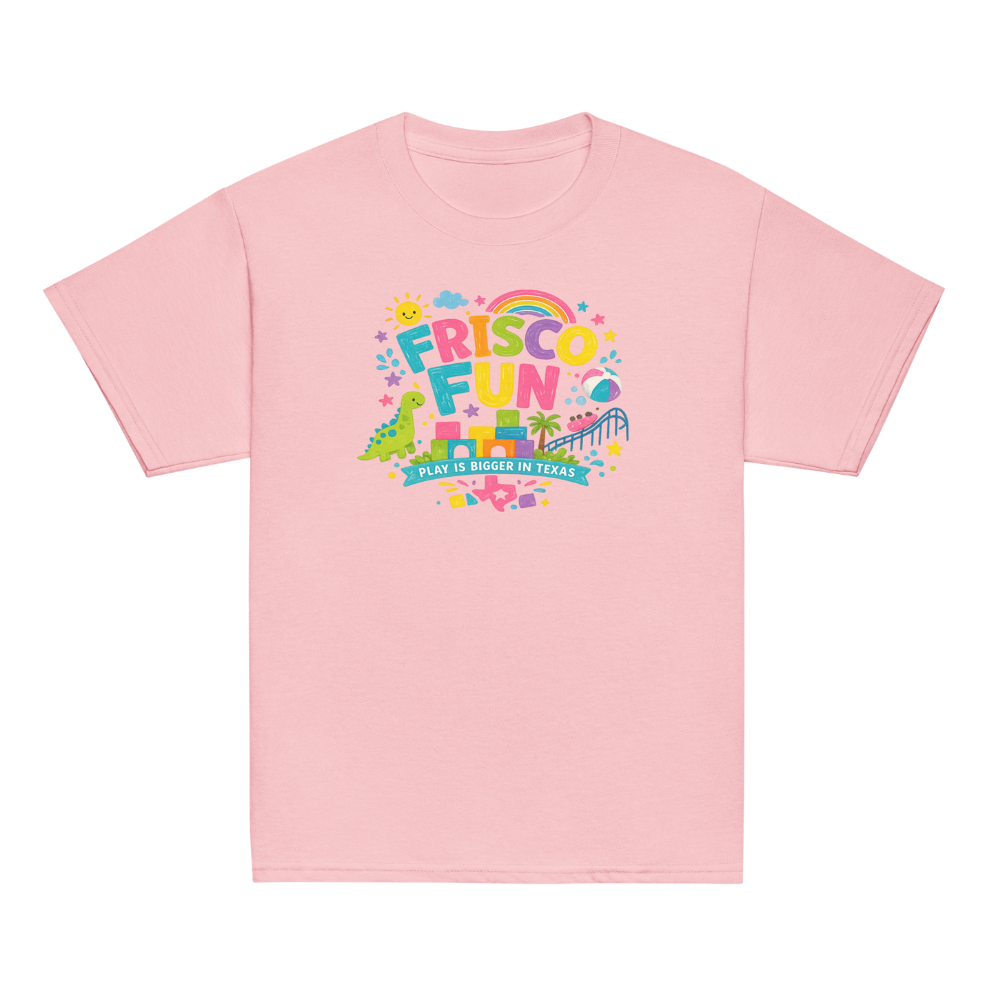 Frisco Fun Youth T-Shirt | Play Is Bigger in Texas | Dinosaur Adventure Shirt | Kids Vacation Tee | Texas Theme Park Inspired Youth Graphic Tee