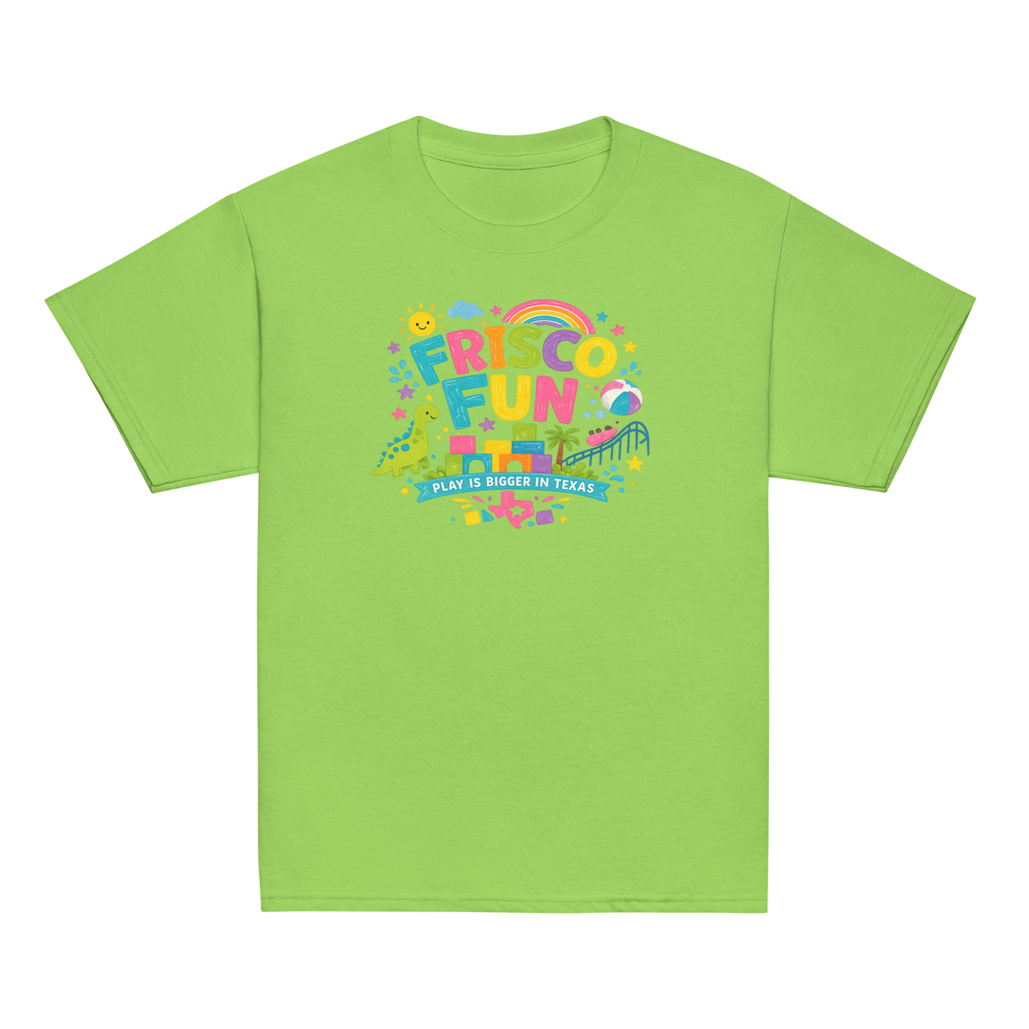 Frisco Fun Youth T-Shirt | Play Is Bigger in Texas | Dinosaur Adventure Shirt | Kids Vacation Tee | Texas Theme Park Inspired Youth Graphic Tee