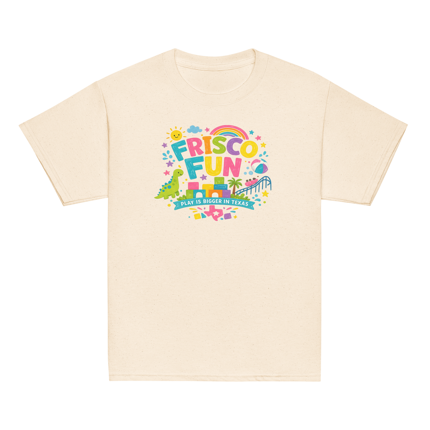 Frisco Fun Youth T-Shirt | Play Is Bigger in Texas | Dinosaur Adventure Shirt | Kids Vacation Tee | Texas Theme Park Inspired Youth Graphic Tee