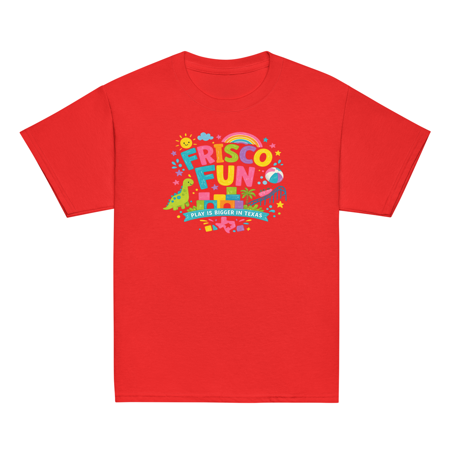 Frisco Fun Youth T-Shirt | Play Is Bigger in Texas | Dinosaur Adventure Shirt | Kids Vacation Tee | Texas Theme Park Inspired Youth Graphic Tee
