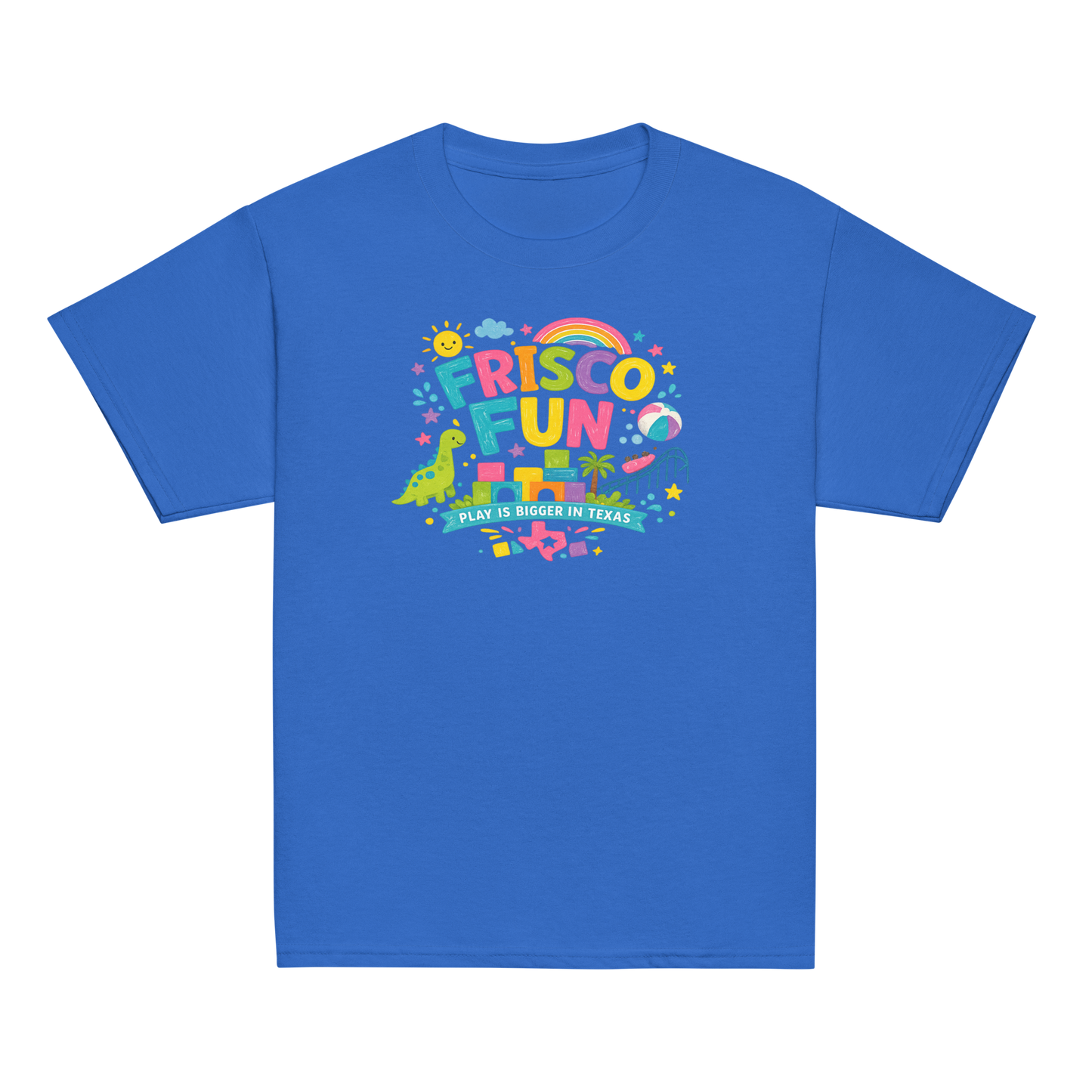 Frisco Fun Youth T-Shirt | Play Is Bigger in Texas | Dinosaur Adventure Shirt | Kids Vacation Tee | Texas Theme Park Inspired Youth Graphic Tee