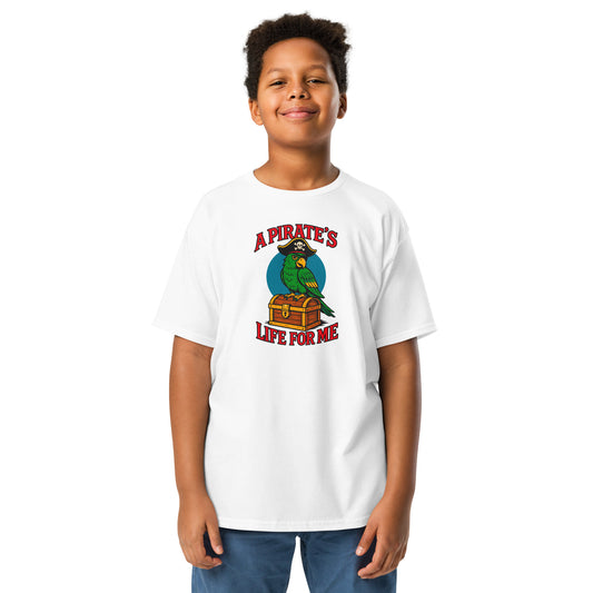 Child wearing white youth pirate parrot shirt with treasure chest graphic, A Pirate’s Life For Me text.
